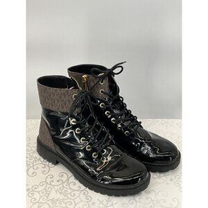 Michael Kors Alistar Monogram Black Patent Combat Boots Women's 9.5M PU Upper Go
